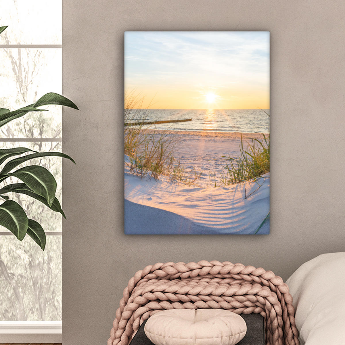 LEINWANDBILD Strand - Sonne - Düne - Gras - Sand - Horizont Wandbild Wohnzimmer 60x80 cm - Hellblau, Textil (60/80cm) - MuchoWow