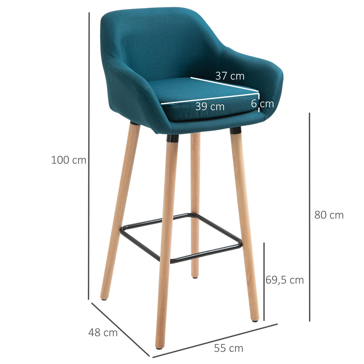 BARHOCKER 2er-Set DE-14702 mit Armlehnen Blau - Blau, Holzwerkstoff (48/100/55cm) - ComfortXL