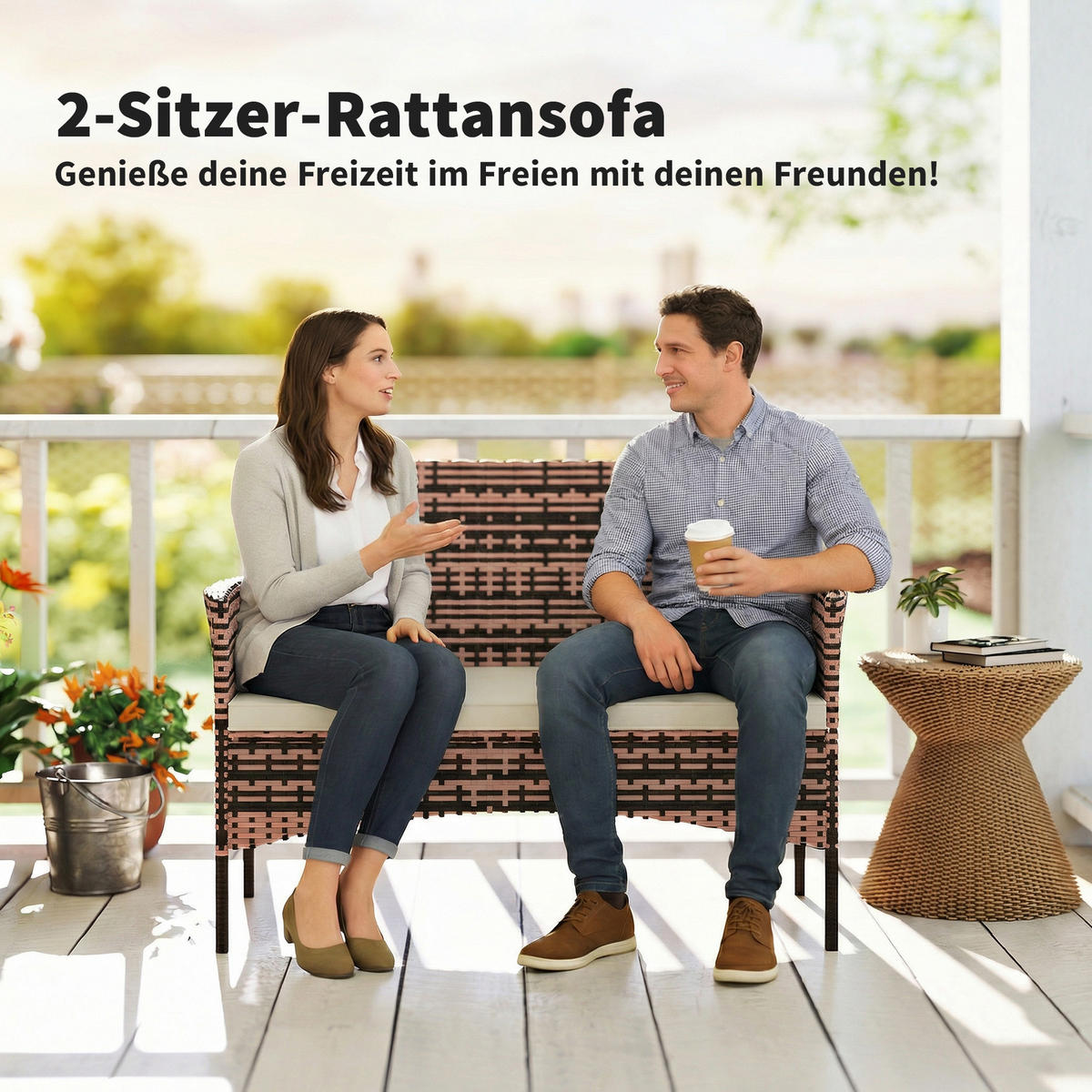 GARTENBANK aus PE-Rattan mit Auflage, Khaki - Beige/Schwarz, Textil/Metall - Outsunny