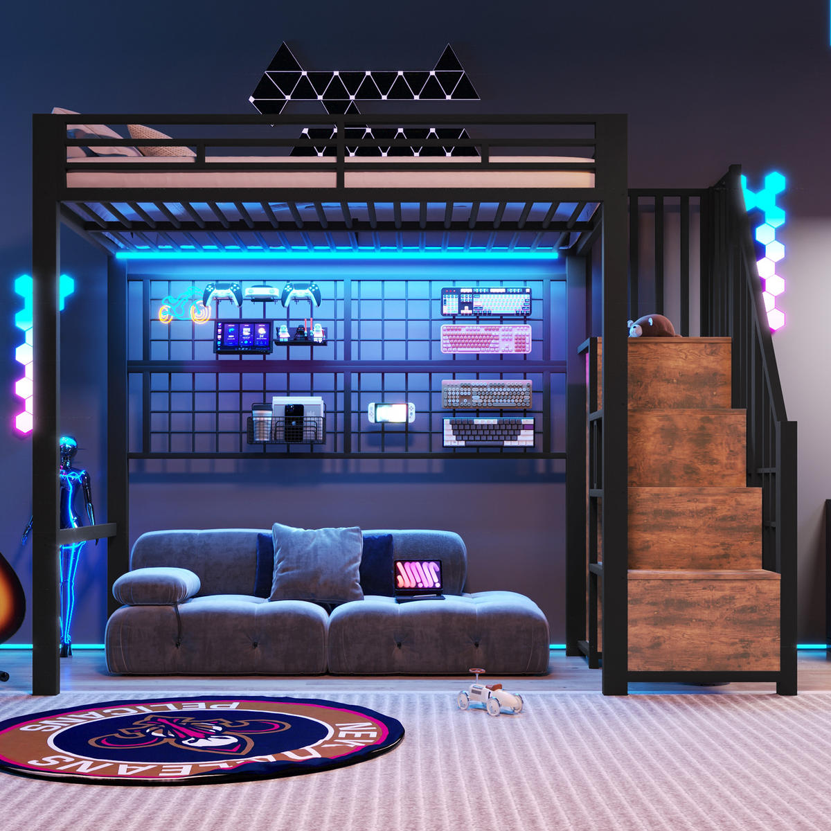 HOCHBETT 90x200 cm LED Schrank schwarz - Schwarz, Metall (90/200cm) - LEBENLANG