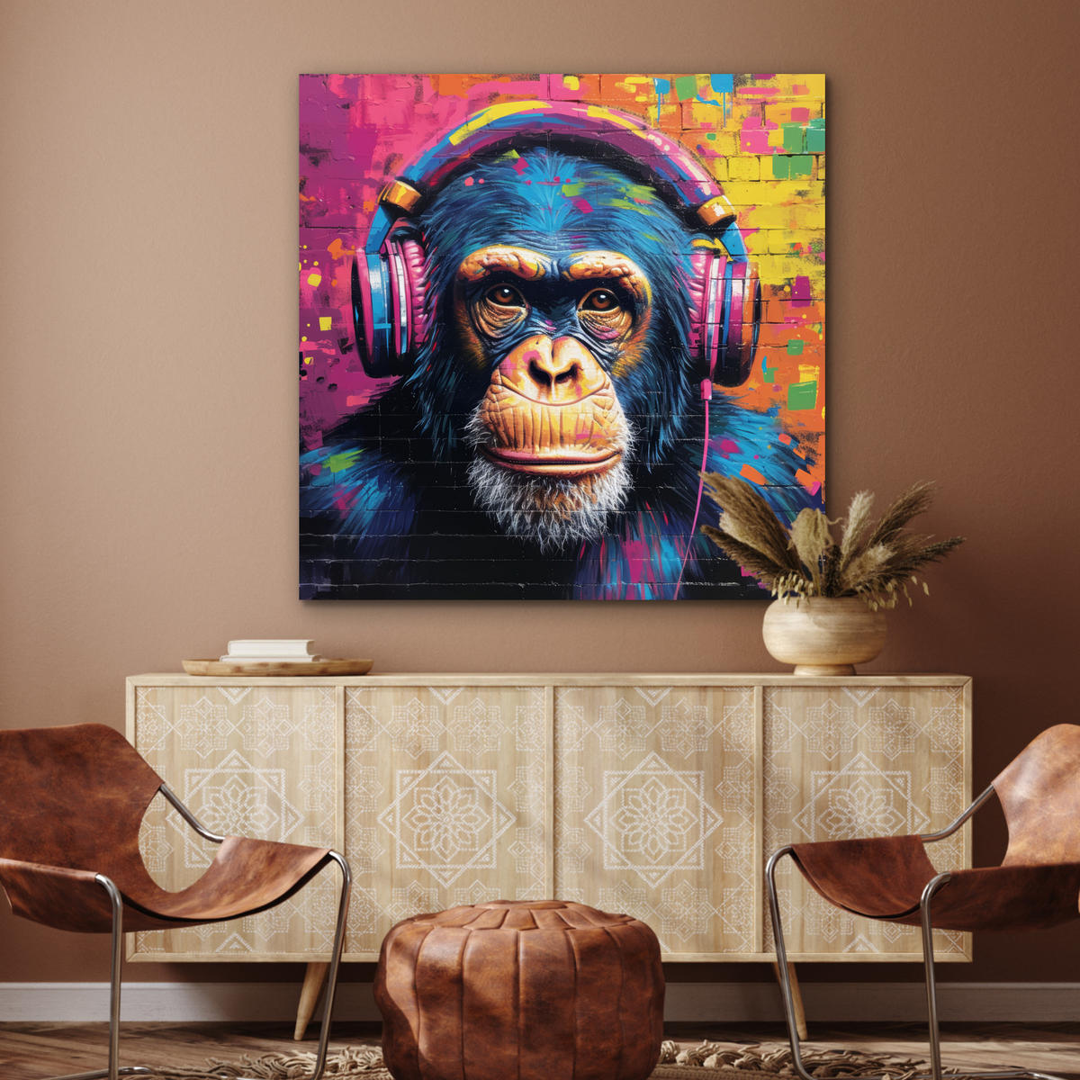 KOVOVÝ OBRAZ Graffiti - Šimpanz - Street art - Slúchadlá - Opica 90x90 cm - modrá, kov (90/90cm) - MuchoWow