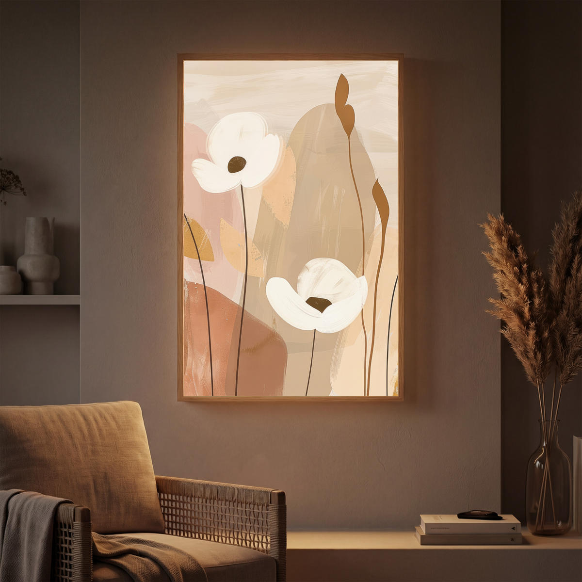 WANDLEUCHTE MIT AKKU Blumen - Abstrakt - Beige - Strichzeichnung 70x100 cm - Sandfarben, Holzwerkstoff (70/100/8cm) - OnlyWow