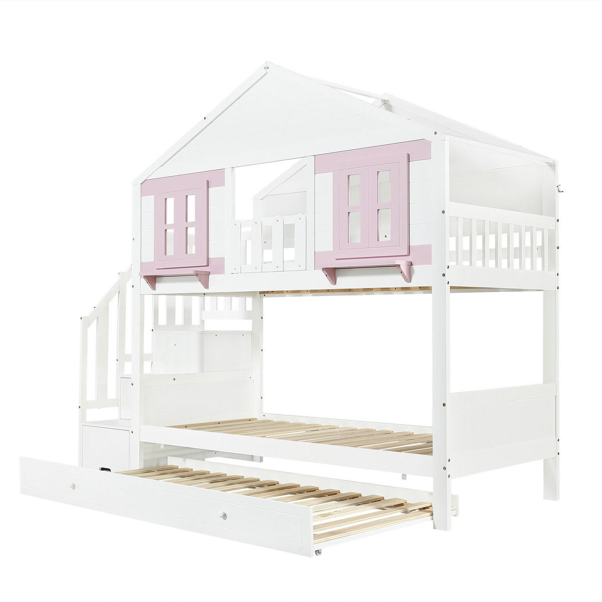 ETAGENBETT 90/200 cm Weiß+Rosa mit Ausziehbett 90/190 cm und Stauraumtreppe - Weiß, Holz (90/200cm) - Oxeza