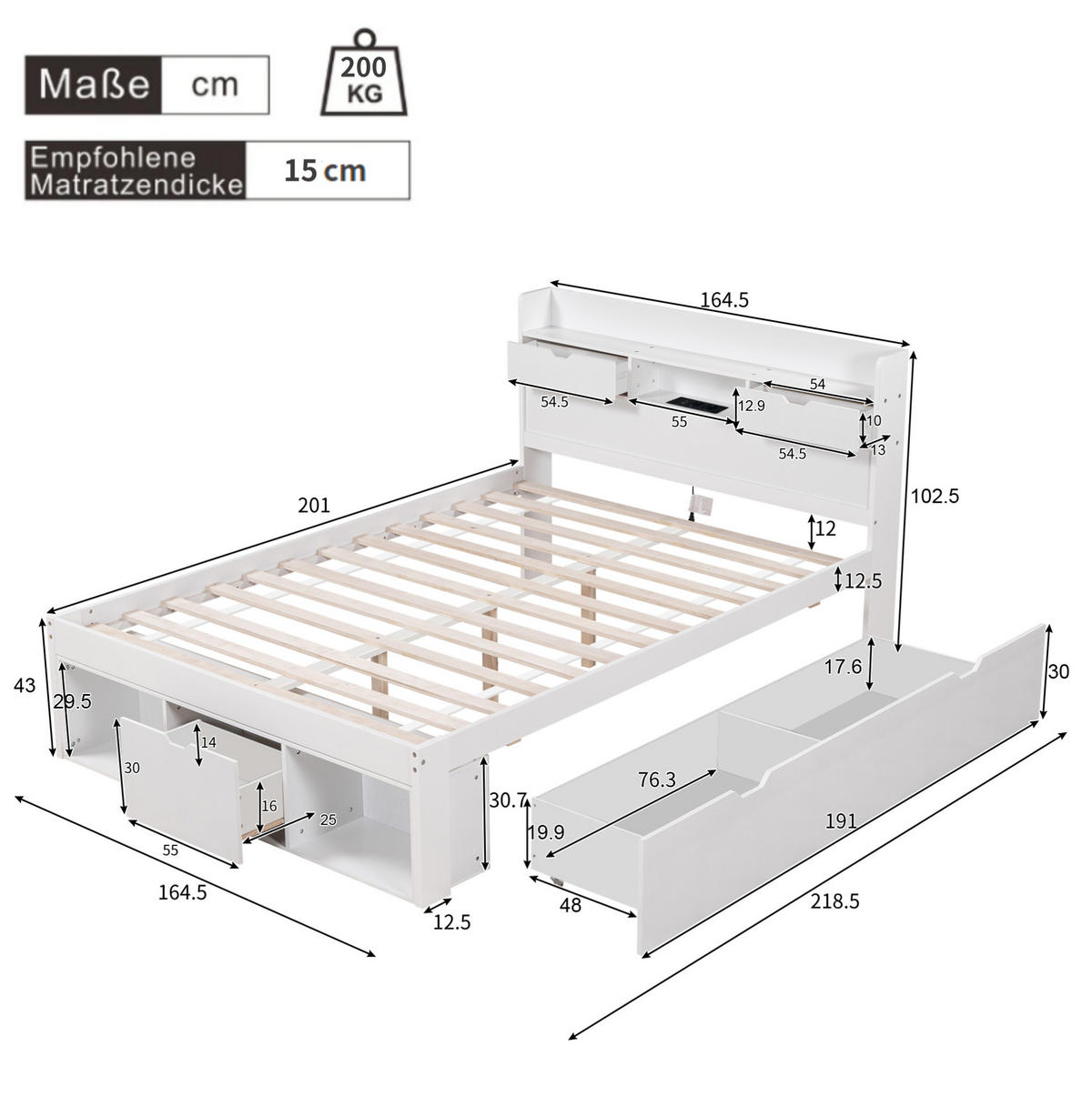 POLSTERBETT 160/200 cm Weiß mit Stauraum und USB- und Type-C-Anschlüssen - Weiß, Holzwerkstoff (160/200cm) - Flora Grace