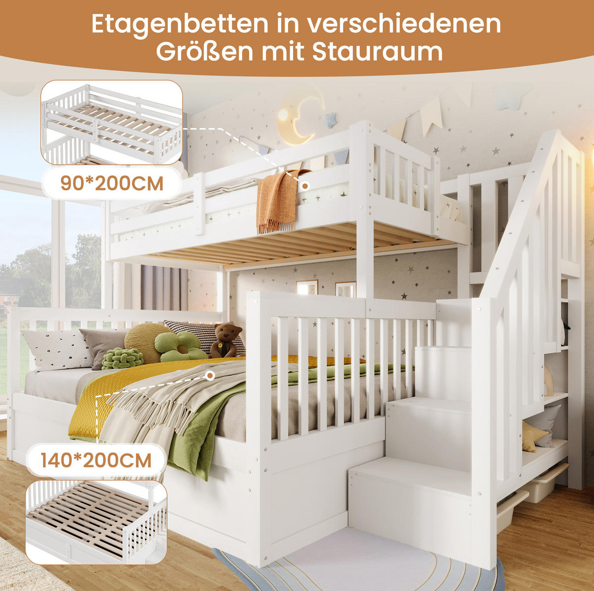 ETAGENBETT 90/200 cm + 140/200 cm mit hydraulischem Stauraum, Treppe mit Ablagen und Kiefernholz, Weiß - Weiß, Holz (90/200cm) - Redom