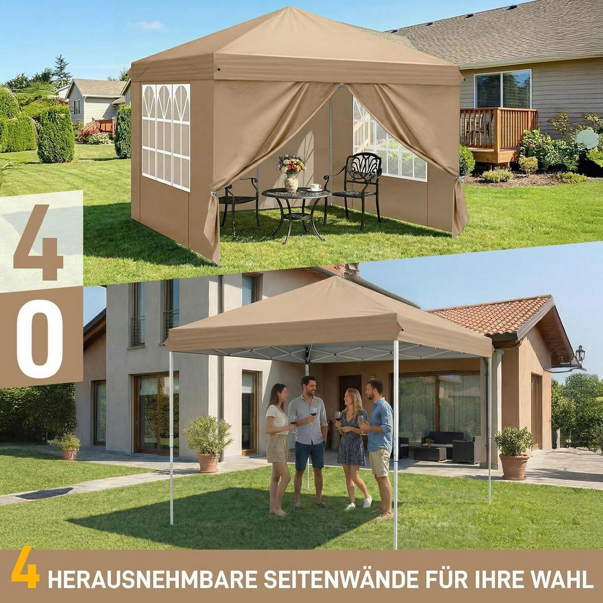 FALTPAVILLON 3 x 3 m Khaki mit 4 Seitenteilen - Olivgrün, Textil (300/255/300cm)