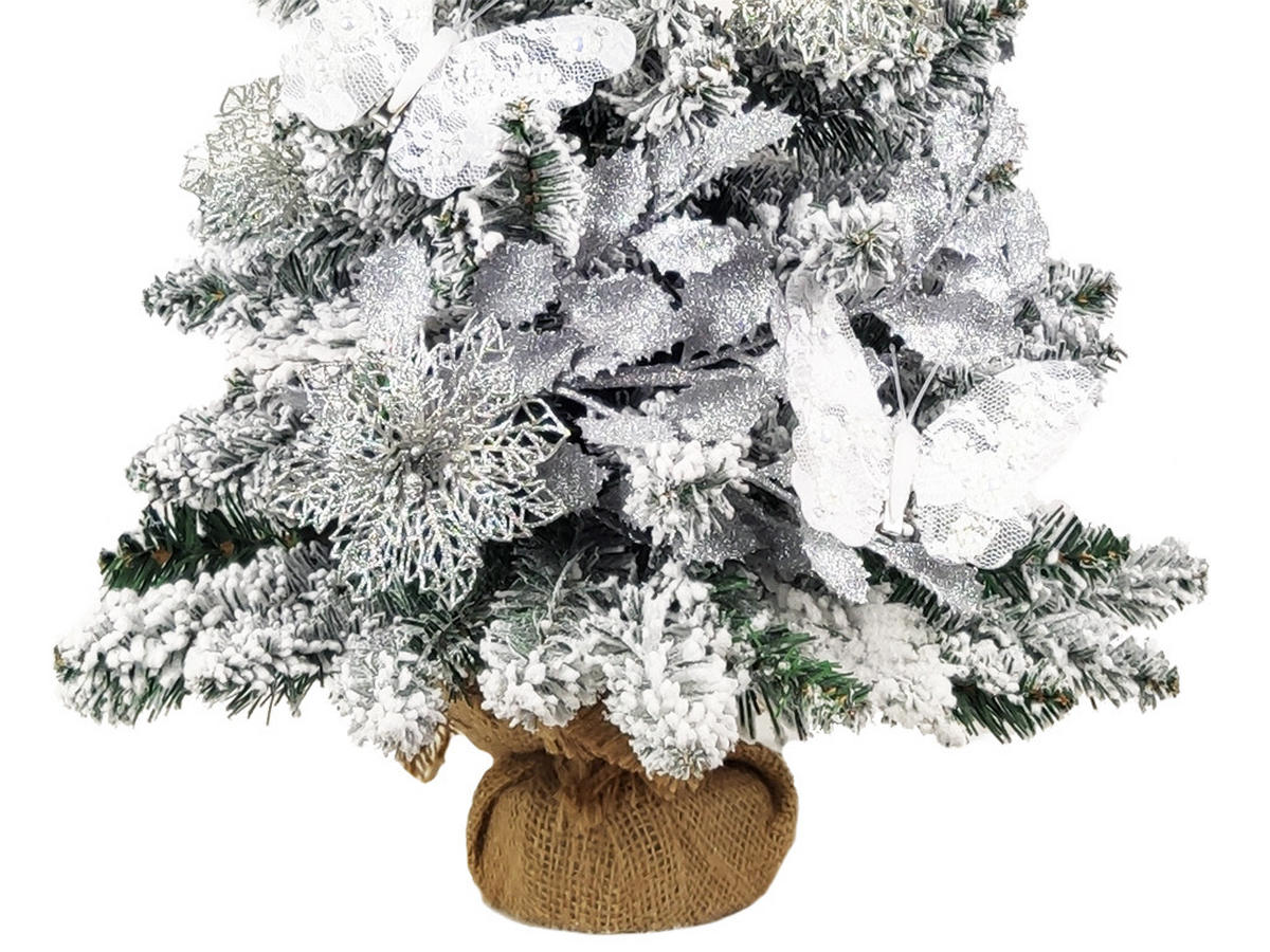 WEIHNACHTSBAUM künstlicher 60 cm mit LED-Beleuchtung, WEIHNACHTSWUNSCH, mit 26 Weihnachtsbaumschmuck, Pflanztopf mit Jutesack - Silberfarben/Weiß, Kunststoff/Stein (40/60cm) - LAALU