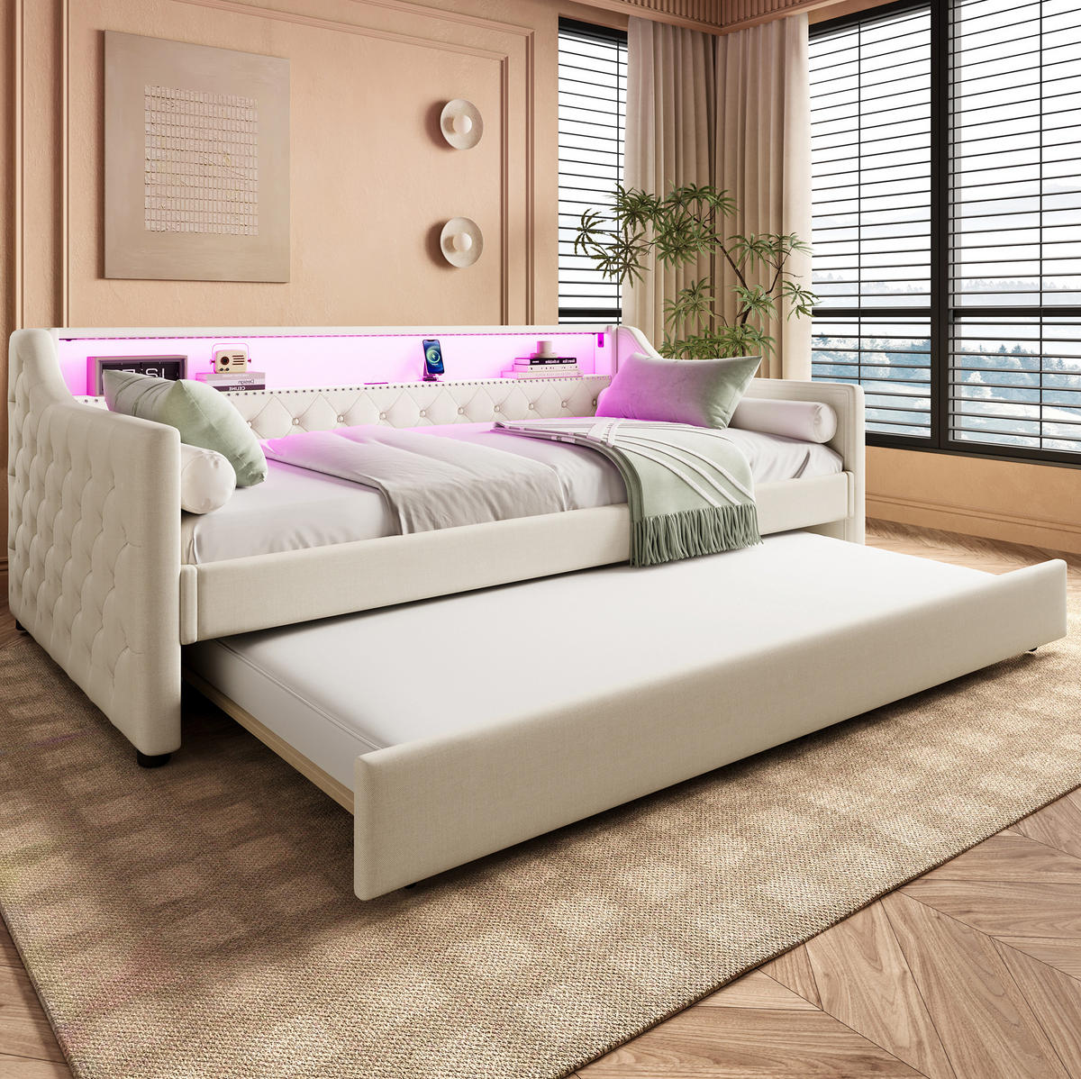 POLSTERBETT 90/200 cm Beige aus Leinen mit Ausziehbett und LED-Beleuchtung - Beige, Textil (90/200cm) - OKMYHOME