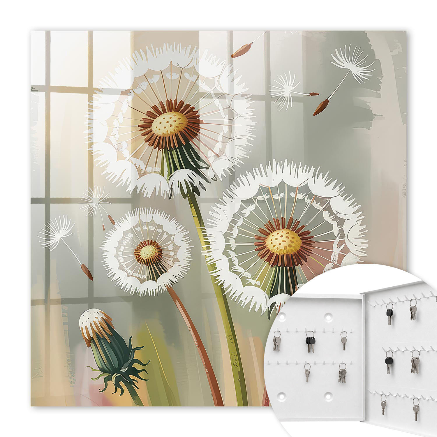 SCHLÜSSELBOX Weiß 30x30 cm – Türöffnung nach rechts - Zarte Löwenzahnblüten - Grau, Metall (30/30/5cm) - TULUP