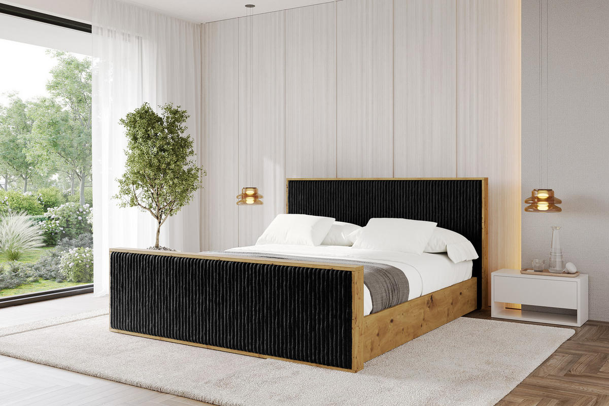 POLSTERBETT mit Bettkasten und Lattenrost, Boxbett mit Stauraum und Kopftei mit Matratze H3/H4 - ENZO10 120x200 Schwarz - Schwarz, Holzwerkstoff/Textil (120/200cm) - ALTDECOR