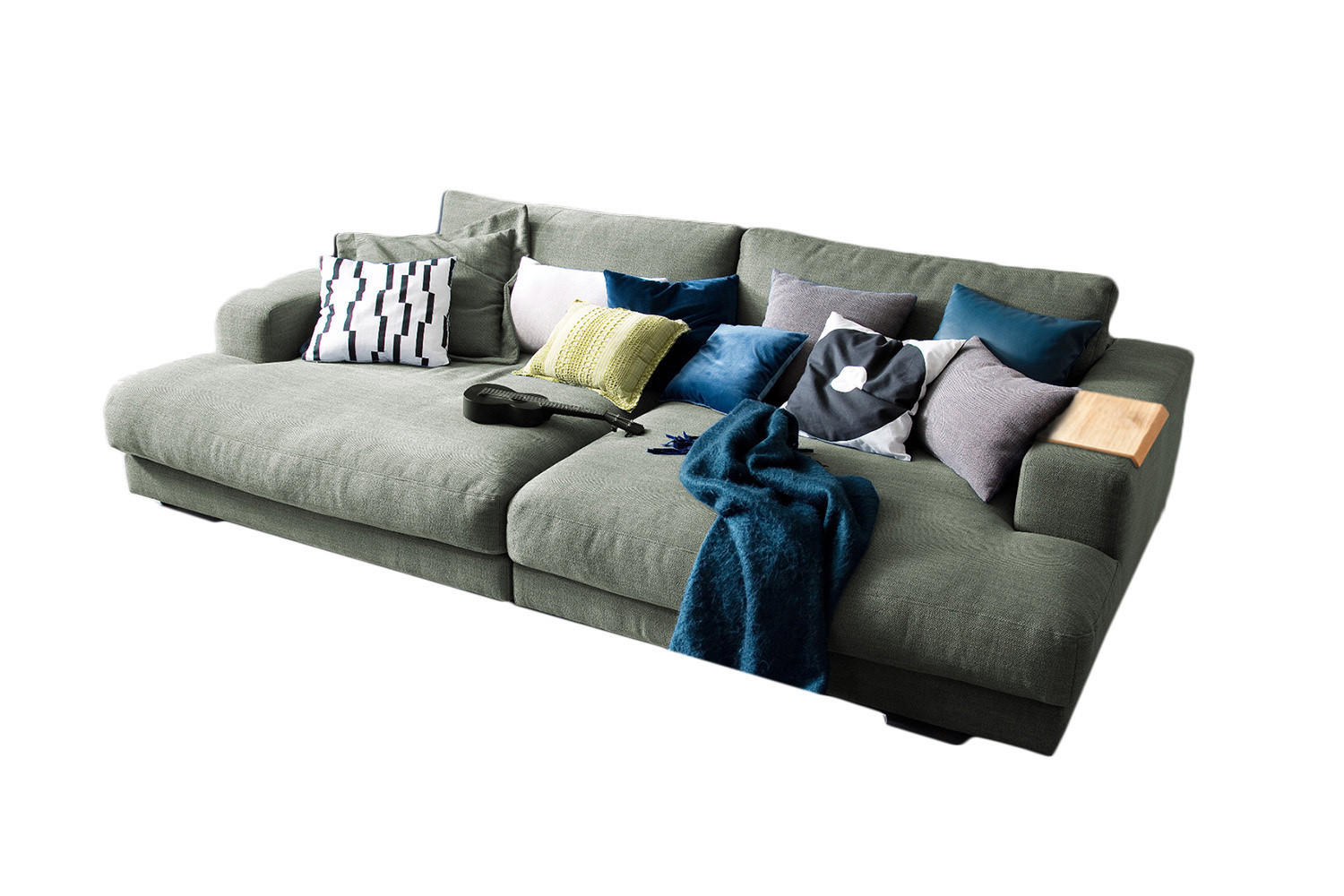 BIG SOFA MIT TABLETT NATUR MADELINE Grün Webstoff - Schwarz/Olivgrün, Kunststoff/Textil (290/85/170cm) - KAWOLA
