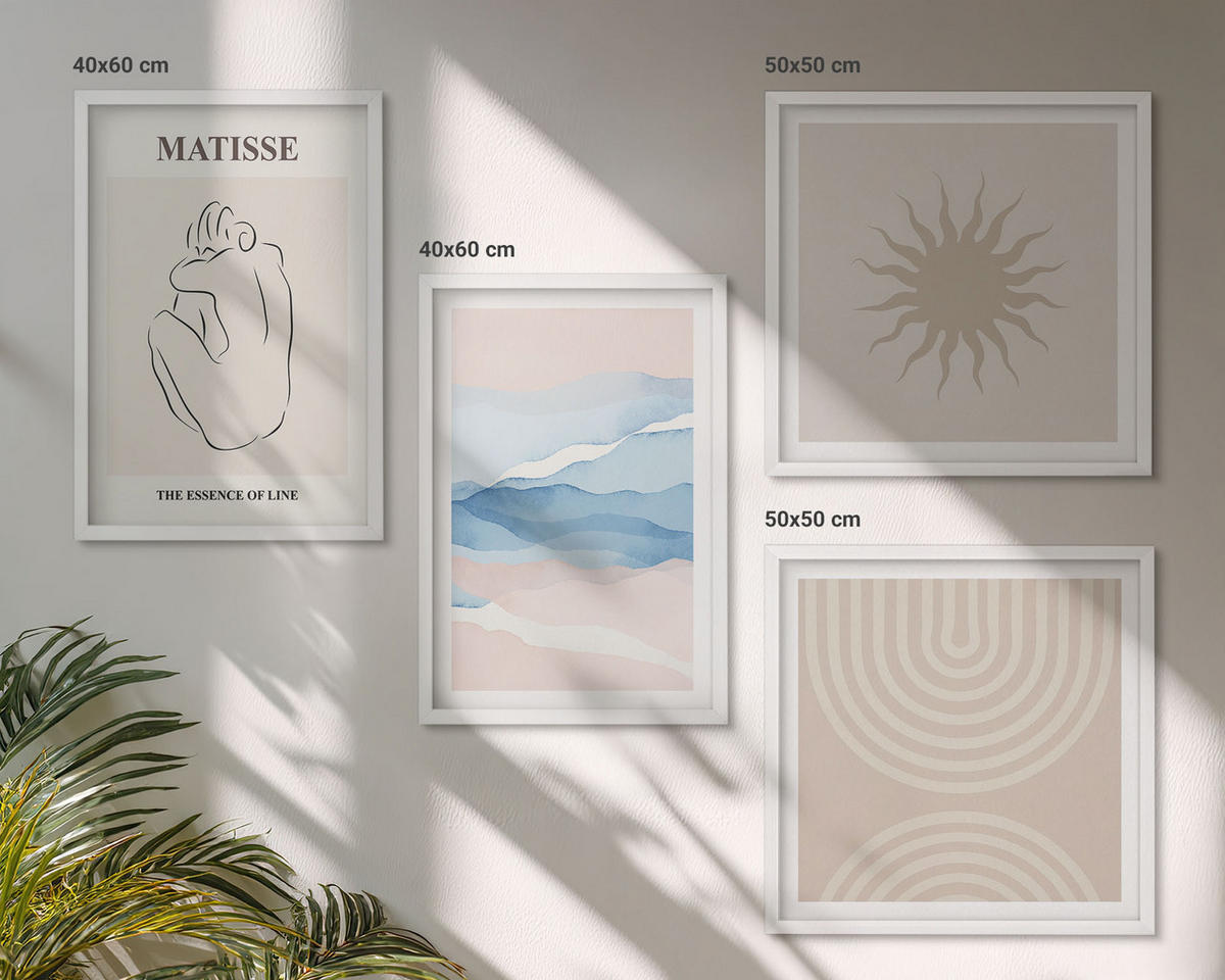 WANDBILDER 4er-Set - 50x50 cm & 40x60 cm Weißer Rahmen - Linien, Wellen, Pastellfarben, minimalistisch - Weiß, Kunststoff (50/50cm) - ArtPrintCave