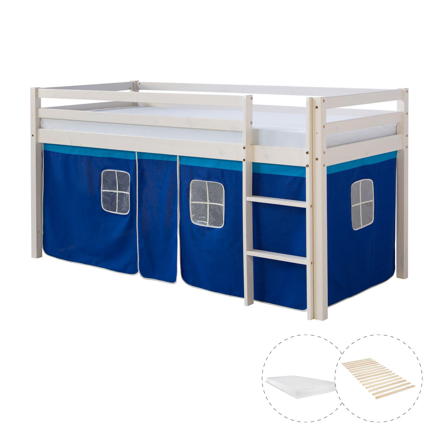 HOCHBETT blau 90/200 cm mit Lattenrost + Matratze - Blau/Weiß, Holz - Homestyle4u