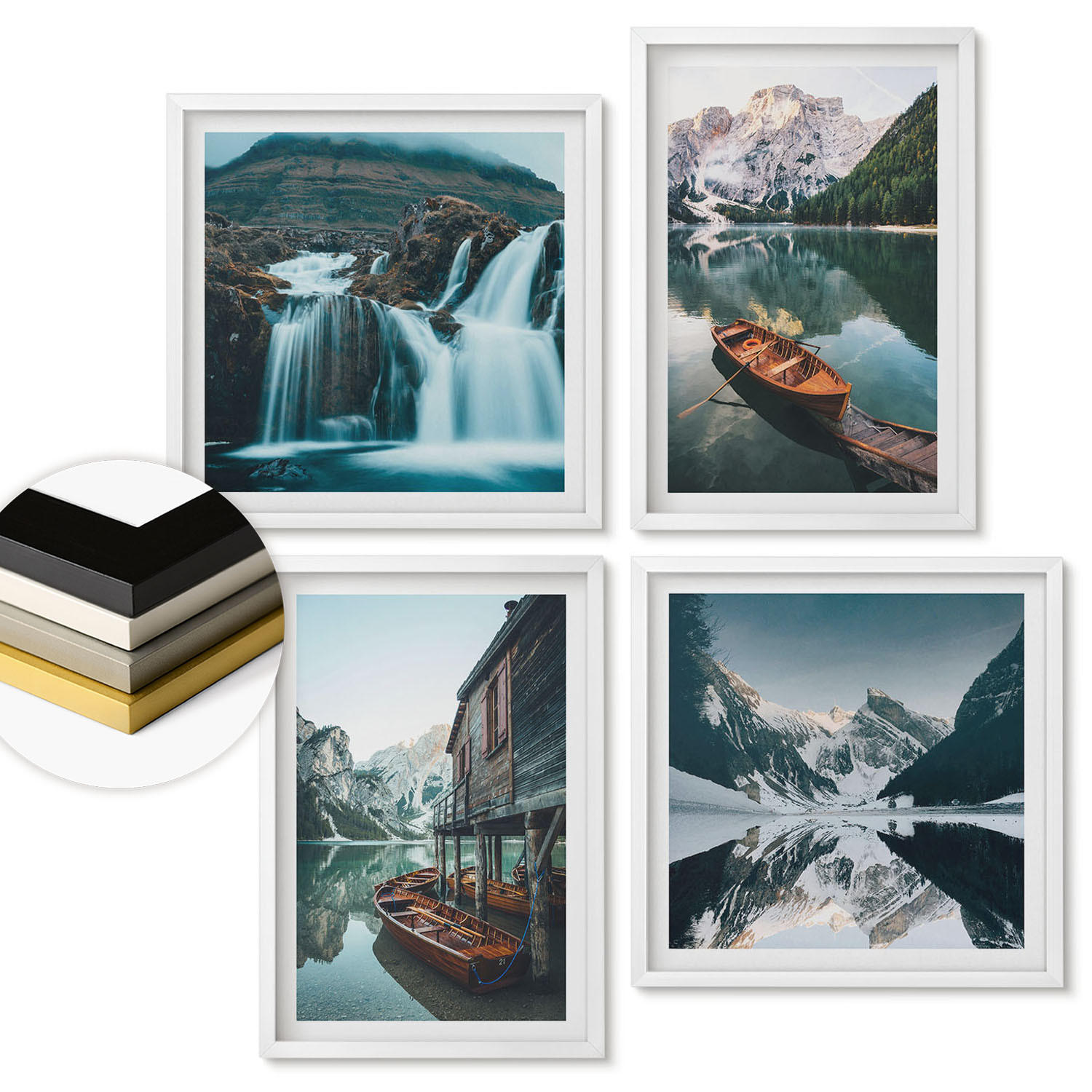 WANDBILDER 4er-Set - 50x50 cm & 40x60 cm Weißer Rahmen - Spiegelung der Boote auf Bergseen - Weiß, Kunststoff (50/50cm) - ArtPrintCave