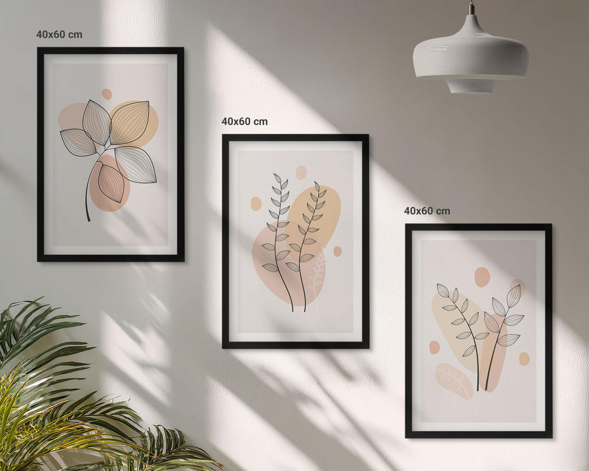 BILDER SET 3er Set - 40x60 cm Schwarzer Rahmen - Pastellfarbene Pflanzenzeichnungen - Schwarz, Kunststoff (40/60cm) - TULUP