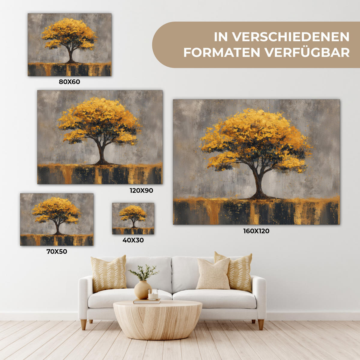 LEINWANDBILD Baum - Blätter - Gold - Abstrakt Wandbild 40x30 cm - Grau, Textil (40/30cm) - MuchoWow