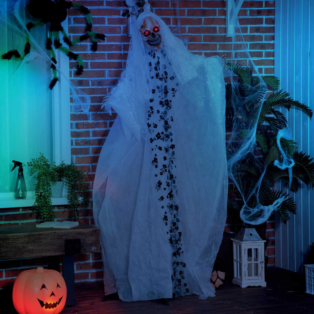 175CM Halloween Dekoration Geisterbraut Augenglühen Horror-Geräusche Lebensgröß - Weiß, Kunststoff (65/178/116cm) - Outsunny