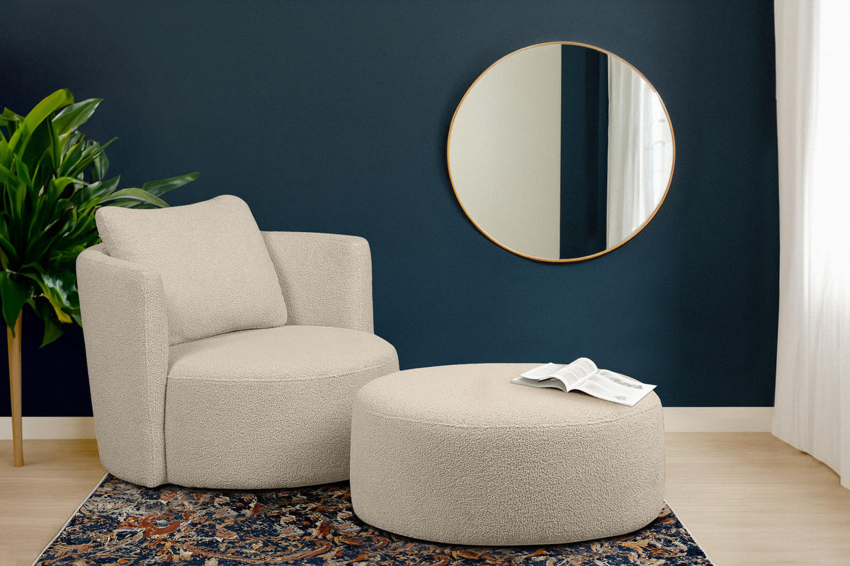 DREHSESSEL-SET RAGGI inkl. Sitzhocker, Boucle, Ecru - Ecru, Textil (92/75/80cm) - KONSIMO®
