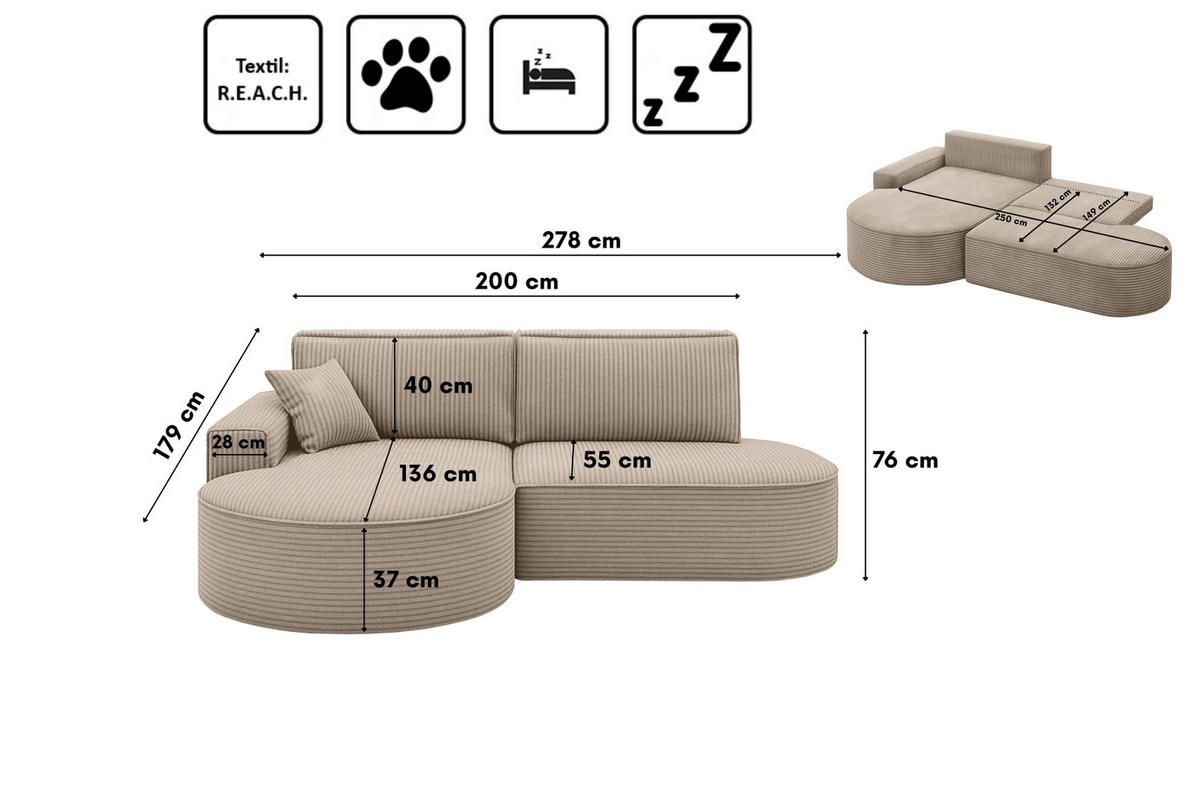 ECKSOFA Modena Pro - Komfort Und Stil Stoff Poso Dunkelbeige Links - Sandfarben, Holz (179/278cm) - Kaiser Möbel