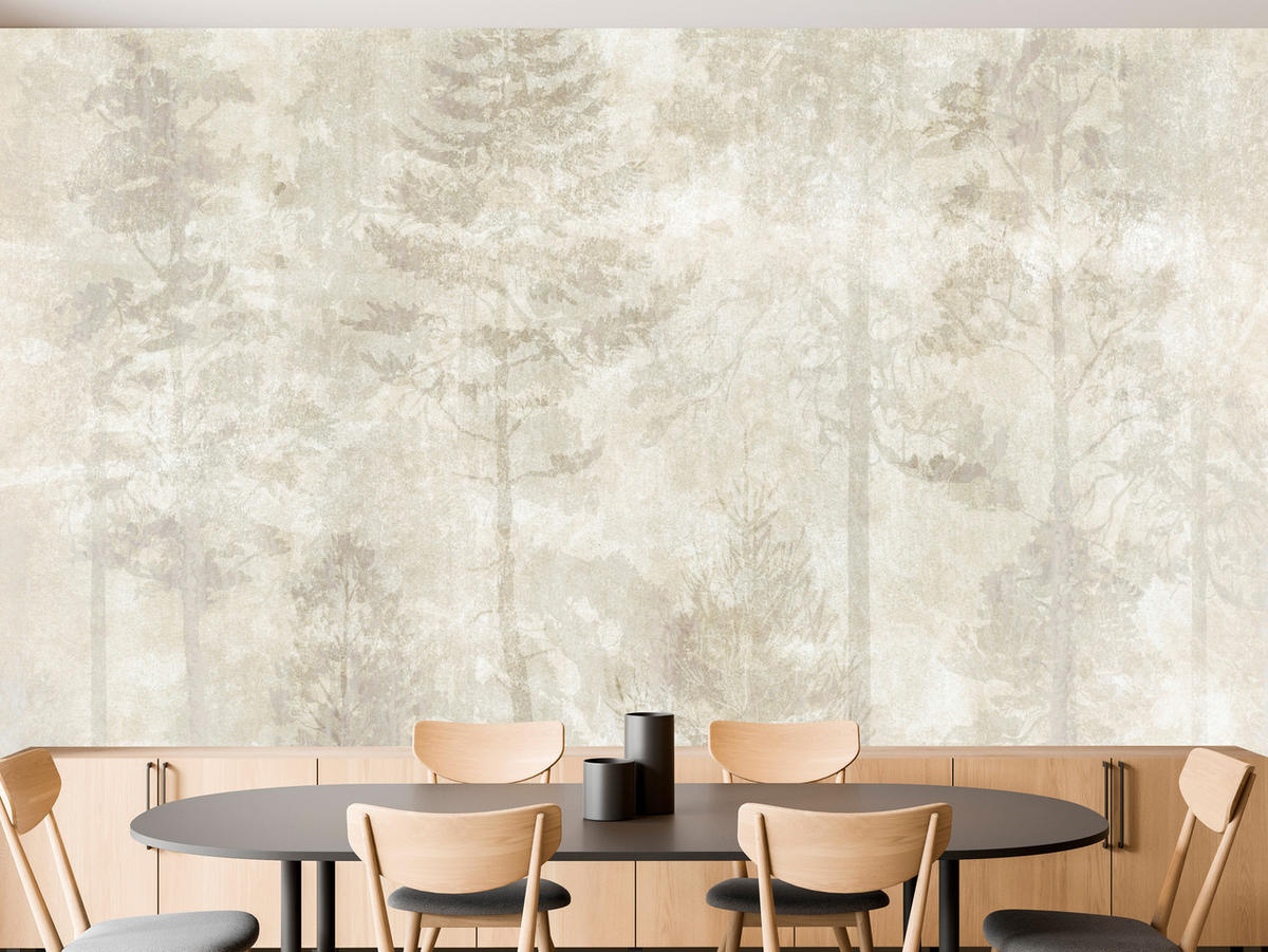 FOTOTAPETE für Wohnzimmer Boho Wald Bäume Beton Abstrakt Vintage Beige 350x256 - Beige/Braun, Papier (350/256cm) - Muralo