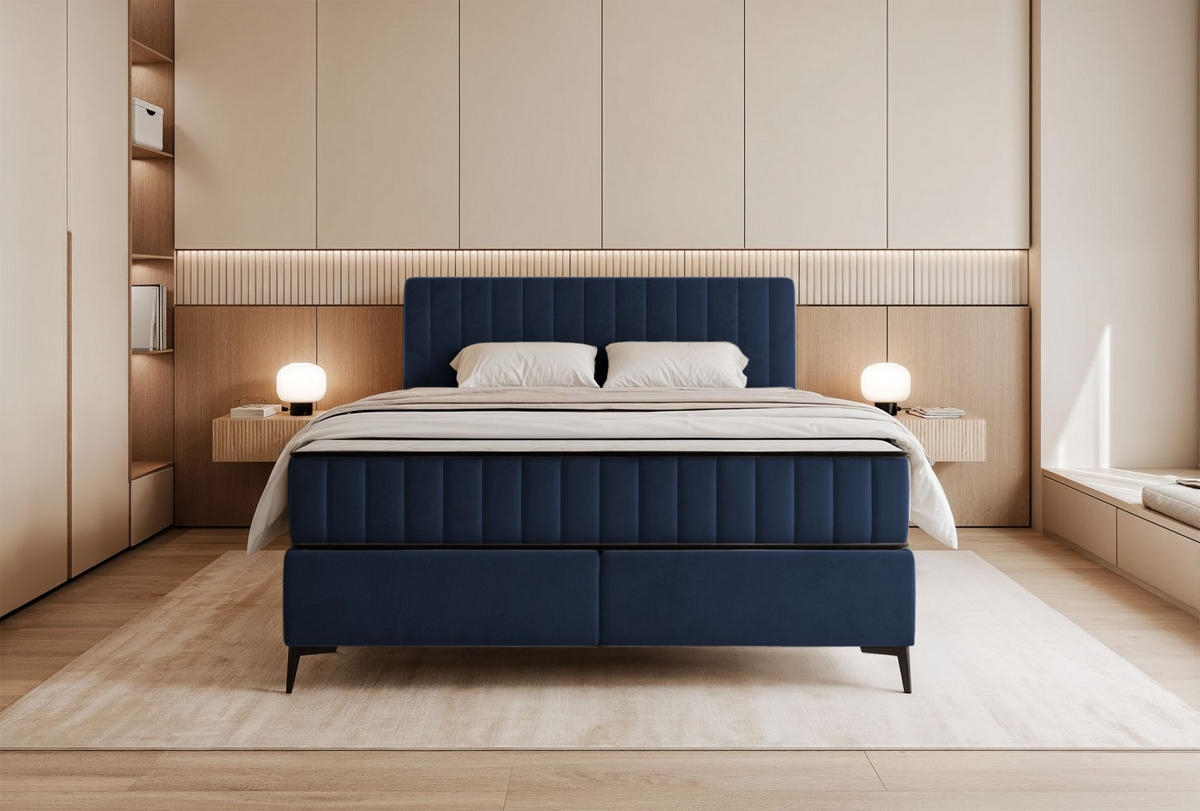 BOXBETT Mufasso Dunkelblau Samtbezug 180x200 cm - Schwarz/Dunkelblau, Textil/Metall (180/200cm) - Selsey