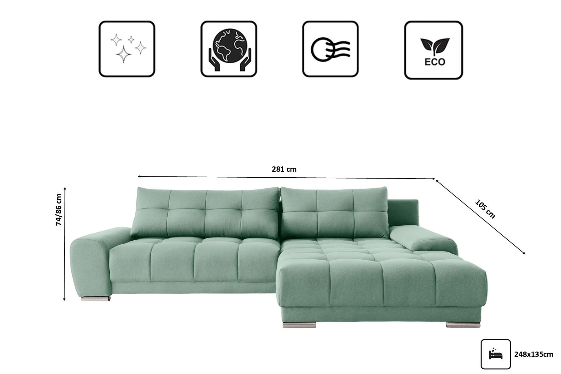 Thumbnail - Kaiser Möbel Ecksofa, Mintgrün, Holz, 281x105 cm, Wohnzimmer, Sofas & Couches, Wohnlandschaften, Ecksofas