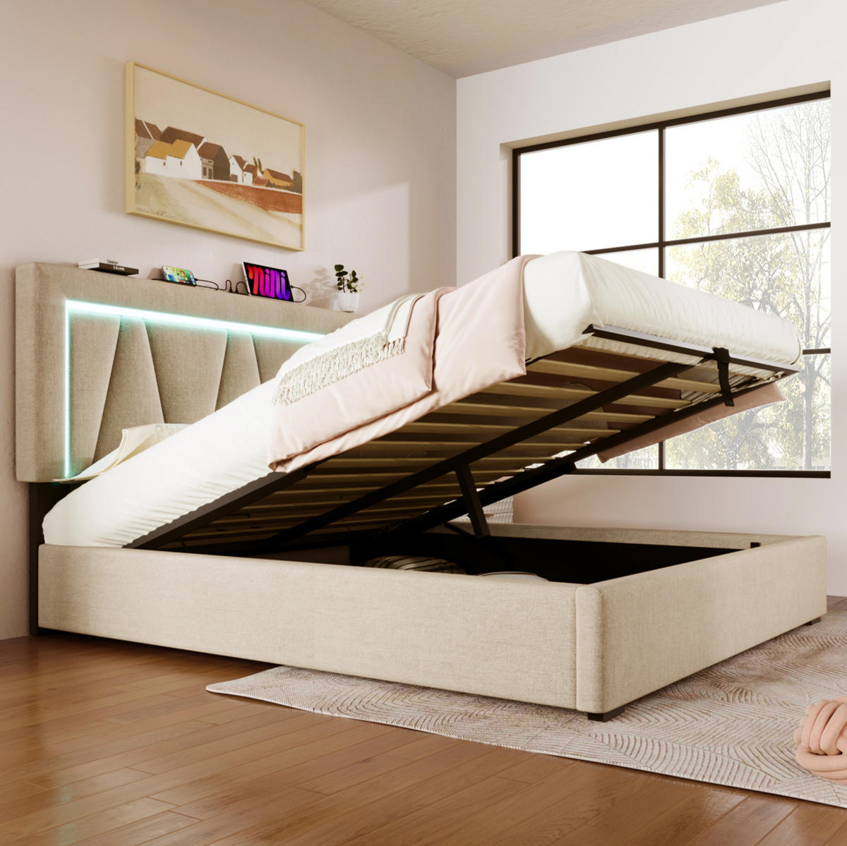 POLSTERBETT aus Leinen 160 x 200 cm in Beige mit LED-Beleuchtung & USB-C-Ladestation - Beige, Textil (160/200cm) - Modfu