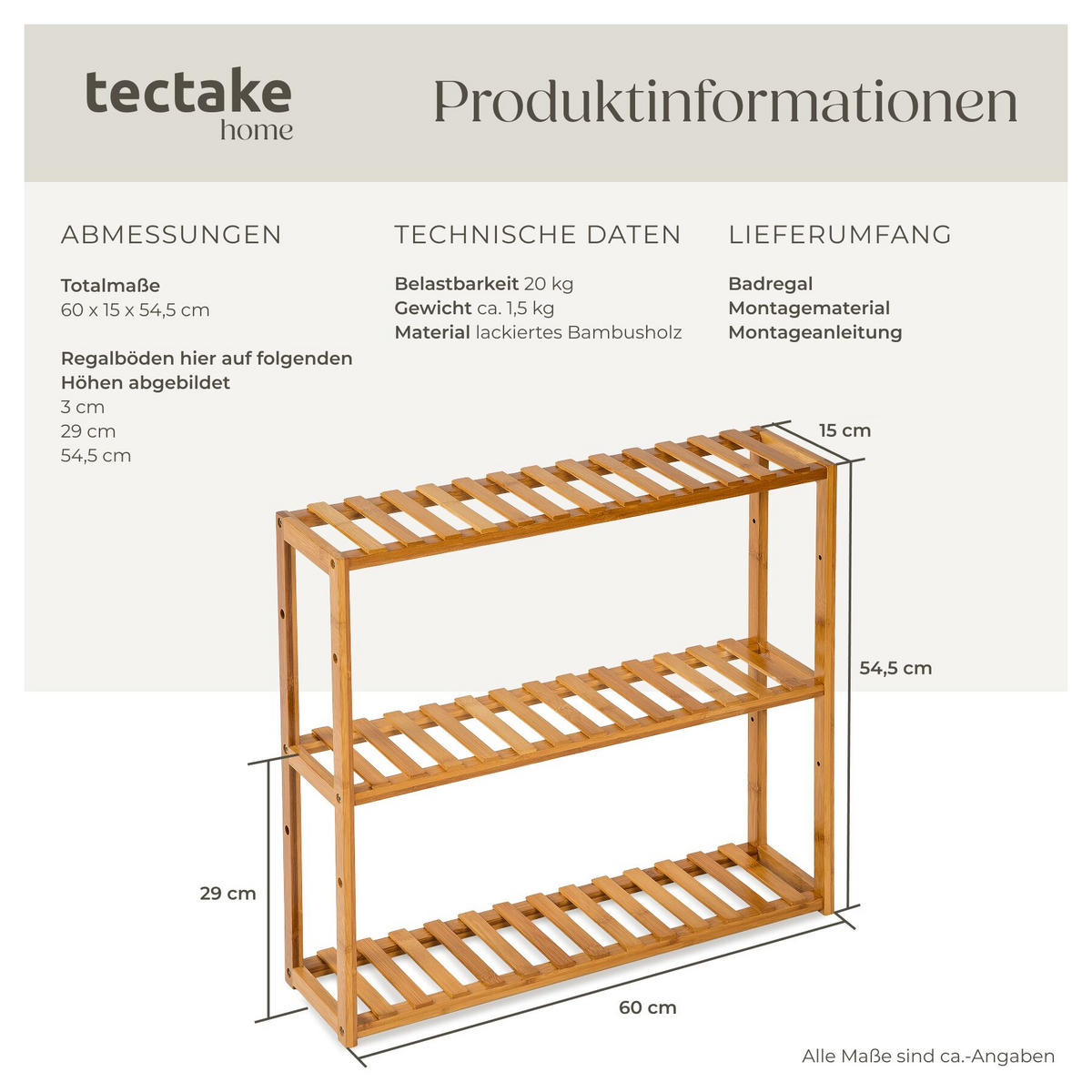 BADREGAL Katjana, 60 x 15 x 54,5 cm, braun - Braun, Holz (15/54.5/60cm) - tectake