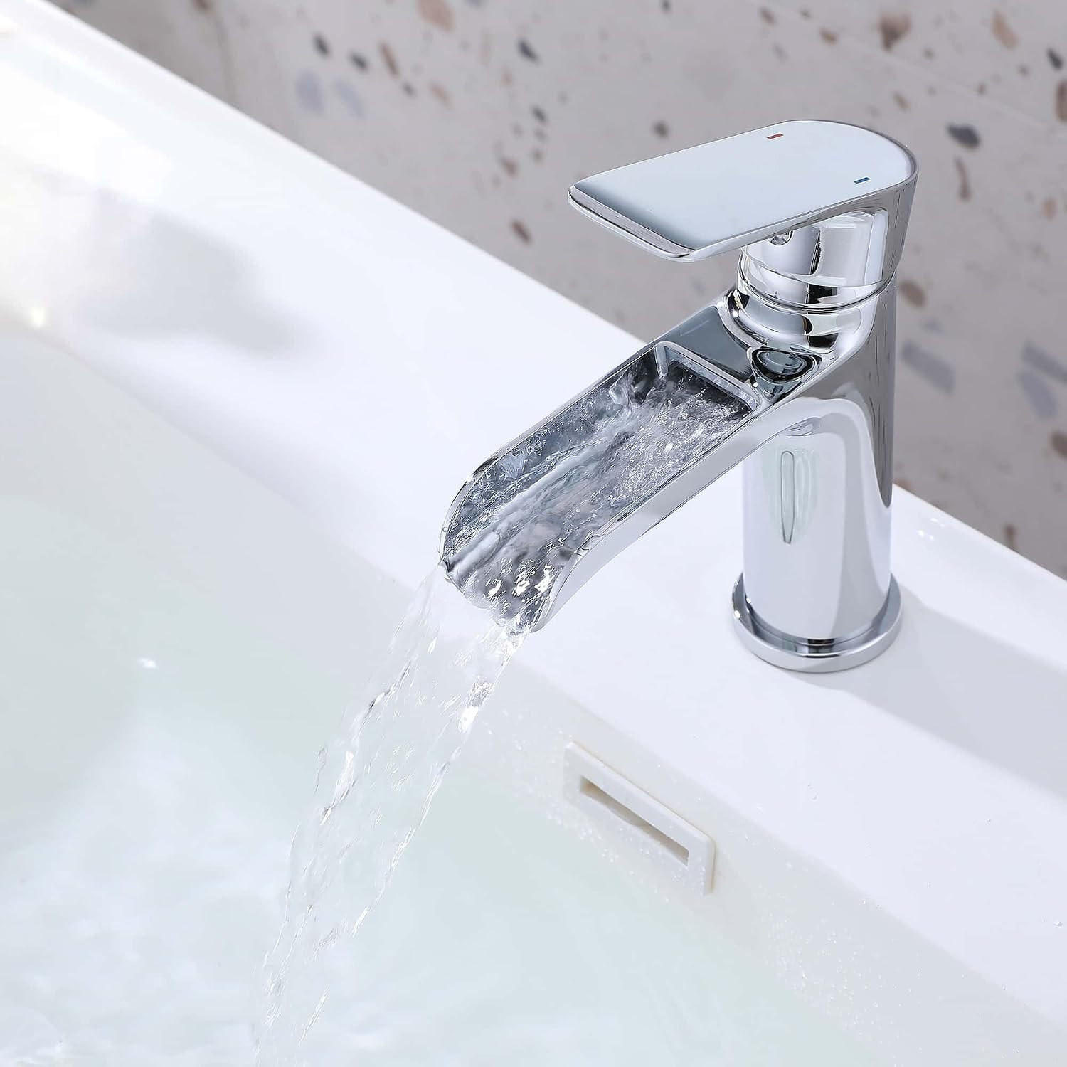 WASCHBECKENARMATUR mit Wasserfallauslauf, Einhebelmischer, verchromt - Silberfarben, Metall (5/13/15cm) - TVTIUO