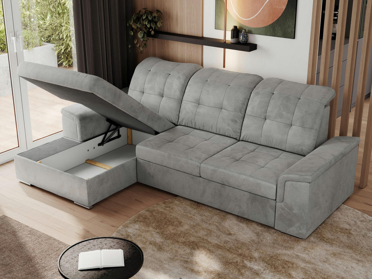 ECKSOFA MADRITO L - Hellgrau Velorus - Links - Silberfarben/Hellgrau, Textil/Metall (160/256cm)