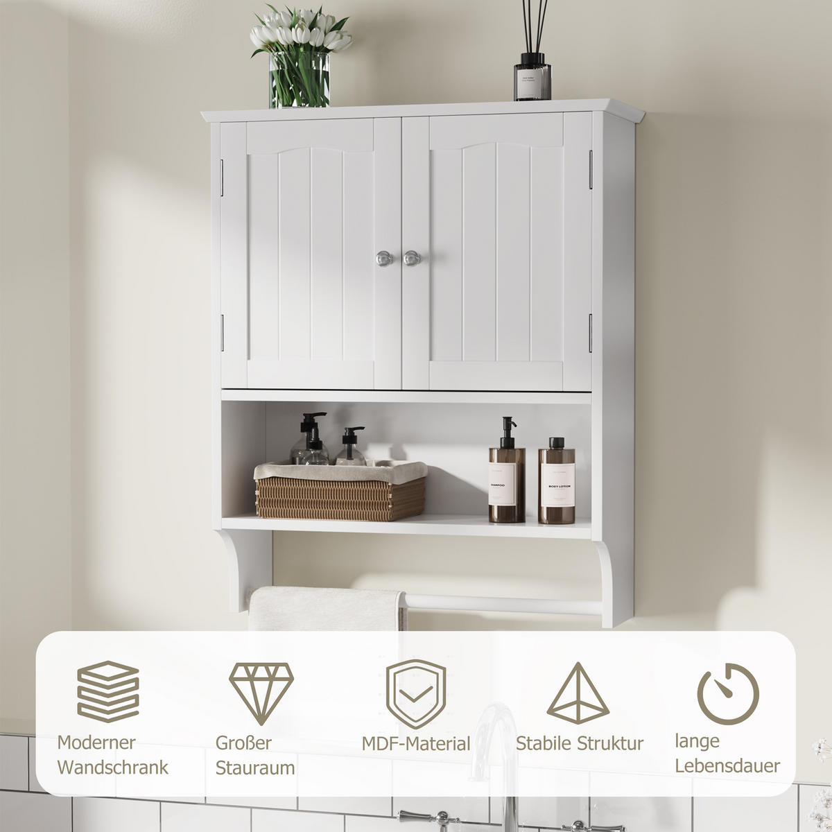 WANDSCHRANK Badezimmer Weiß Medizinschrank mit Handtuchhalter & verstellbaren Regalen - Weiß, Holzwerkstoff (56.89/70/19cm) - Urban Meuble