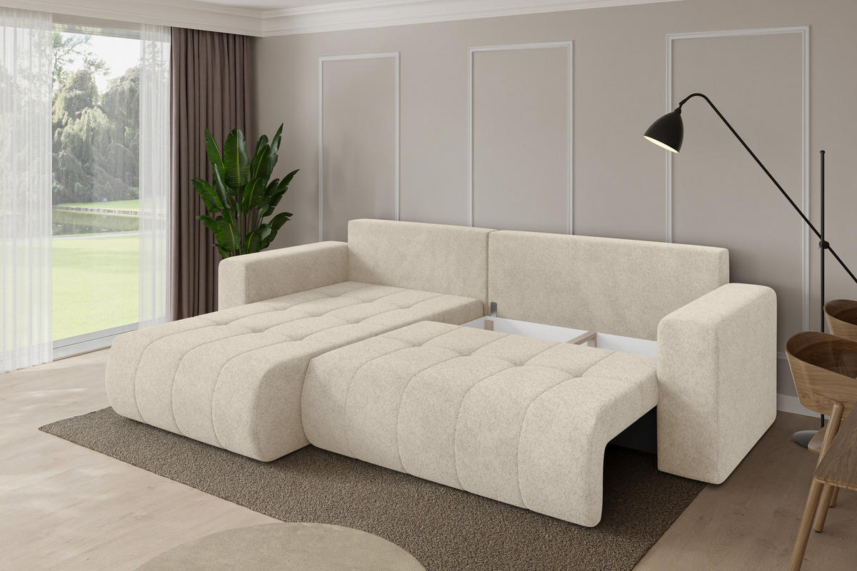 ROHOVÁ SEDAČKA s funkcí spaní, otoman vlevo MILA-L 277x194x86 krémová velur - černá/krémová, kompozitní dřevo/textil (277/194cm) - ALTDECOR