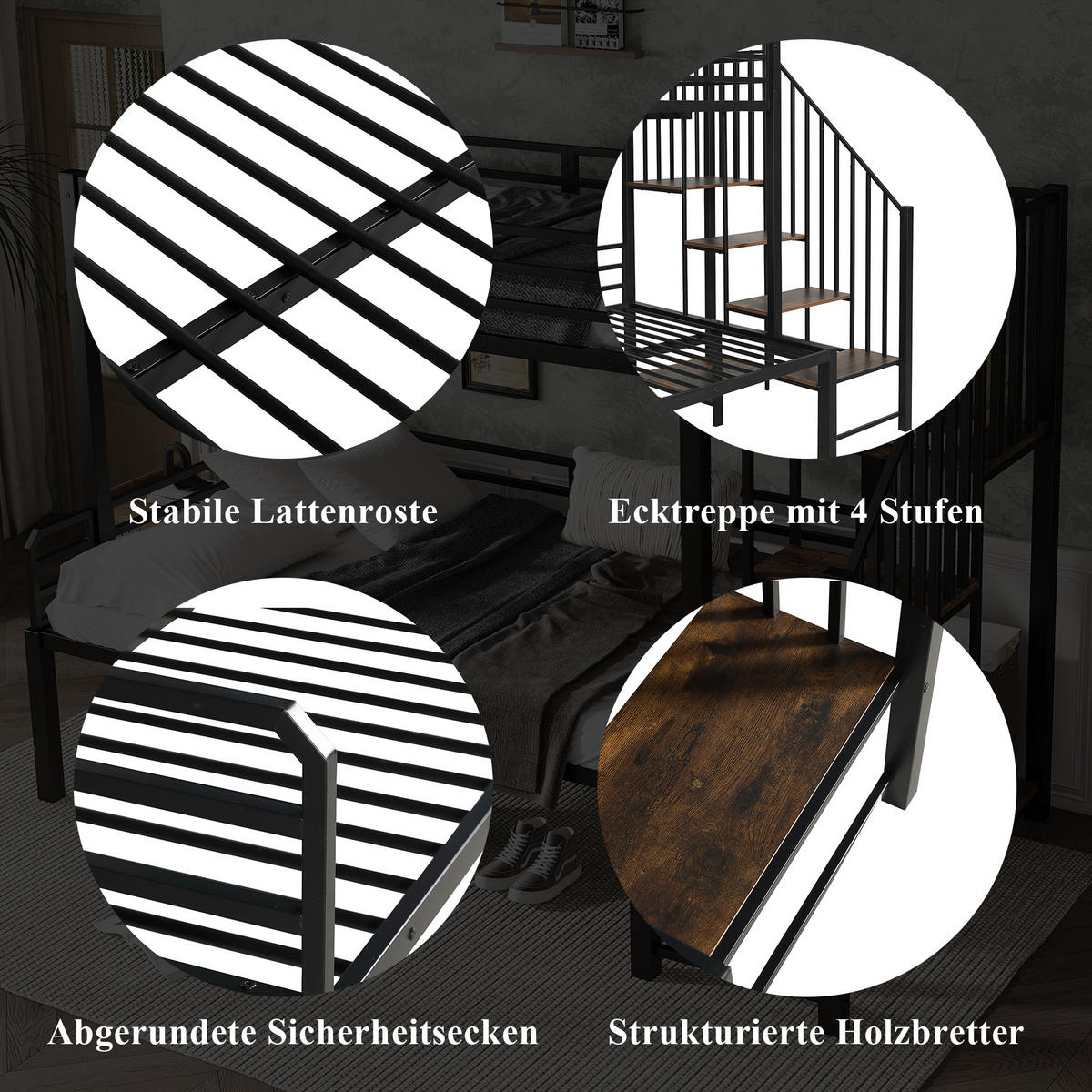 ETAGENBETT 90/200 cm & 120/200 cm in Schwarz & Vintage-Holzfarbe mit Eckleiter und Stauraum - Schwarz, Metall (90/200cm) - CHICFURN