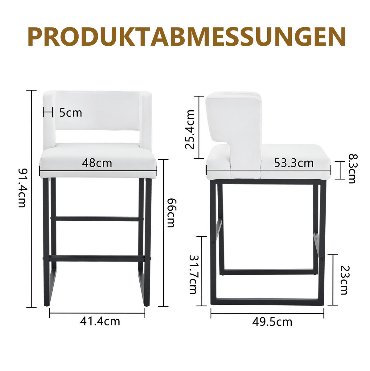 BARSTUHL 2er-Set 91,4 cm PU-Leder Weiß/Schwarz - Schwarz, Metall (53.3/91.4/48cm) - Meubliv