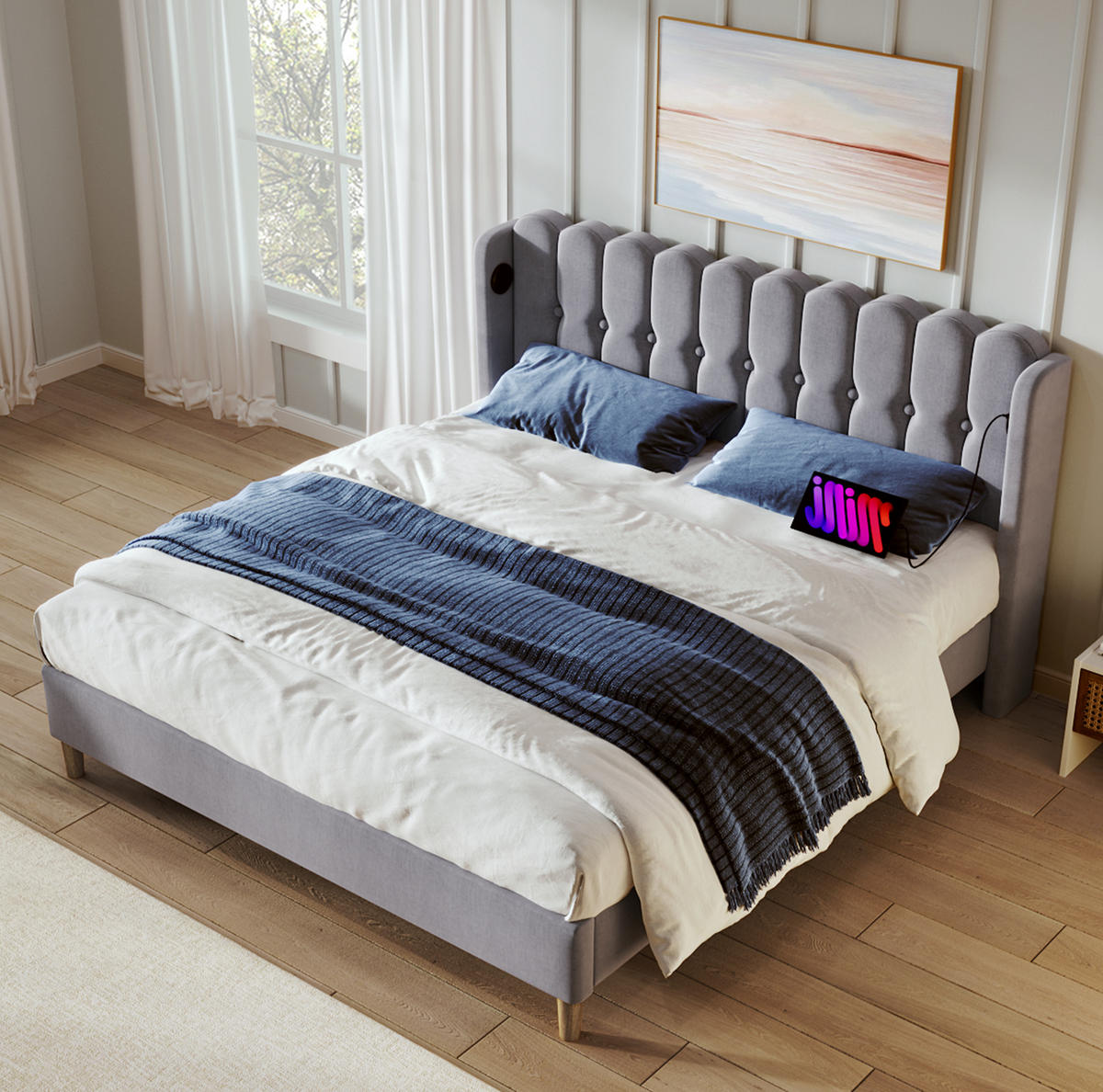 POLSTERBETT 160/200 cm Grau mit Matratze und USB- und Type-C-Anschlüssen - Grau, Textil (160/200cm) - Flora Grace
