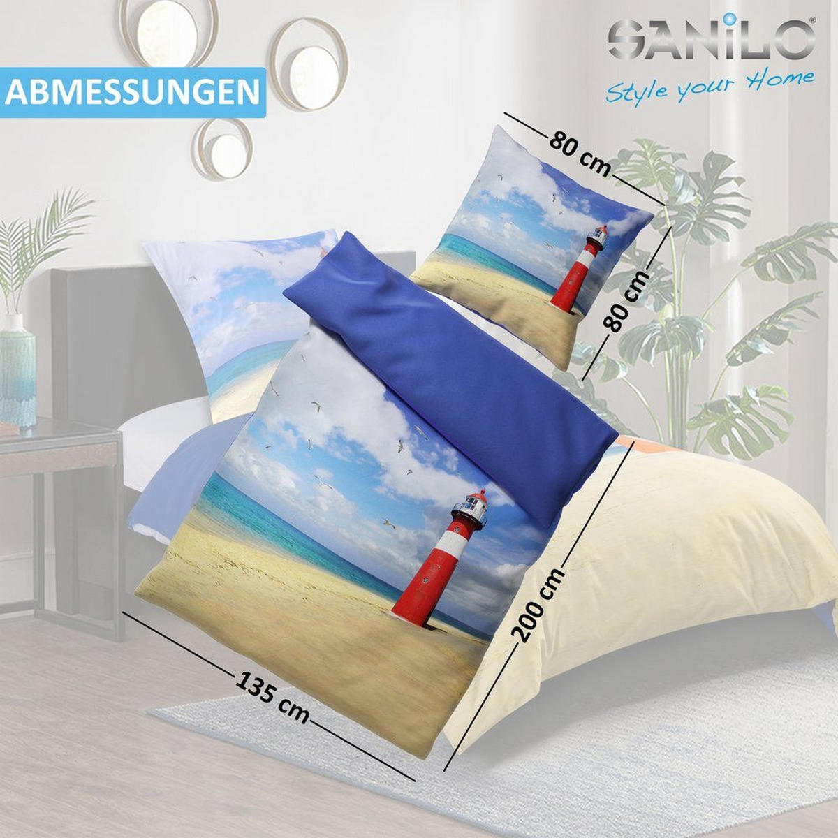 BETTWÄSCHE 4-teilig Leuchtturm - Blau, Naturmaterialien (135/200cm) - Sanilo