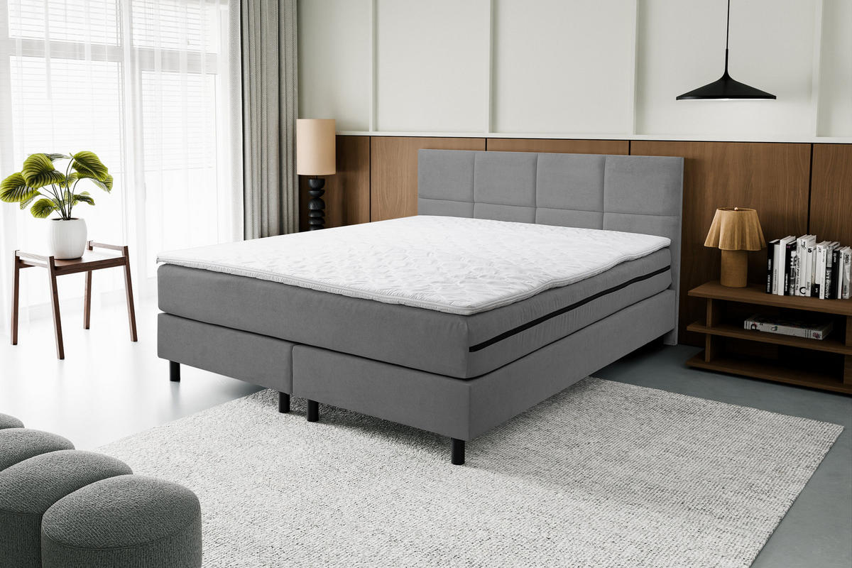 BOXSPRINGBETT Kansas, Polsterbett Maße: 160x200 cm, Farbe: Grau, Velourstoff, Doppelbett mit Bonell-Matratze H3 inkl. Topper - Grau, Holz/Kunststoff (160/200cm) - VENASI MÖBEL