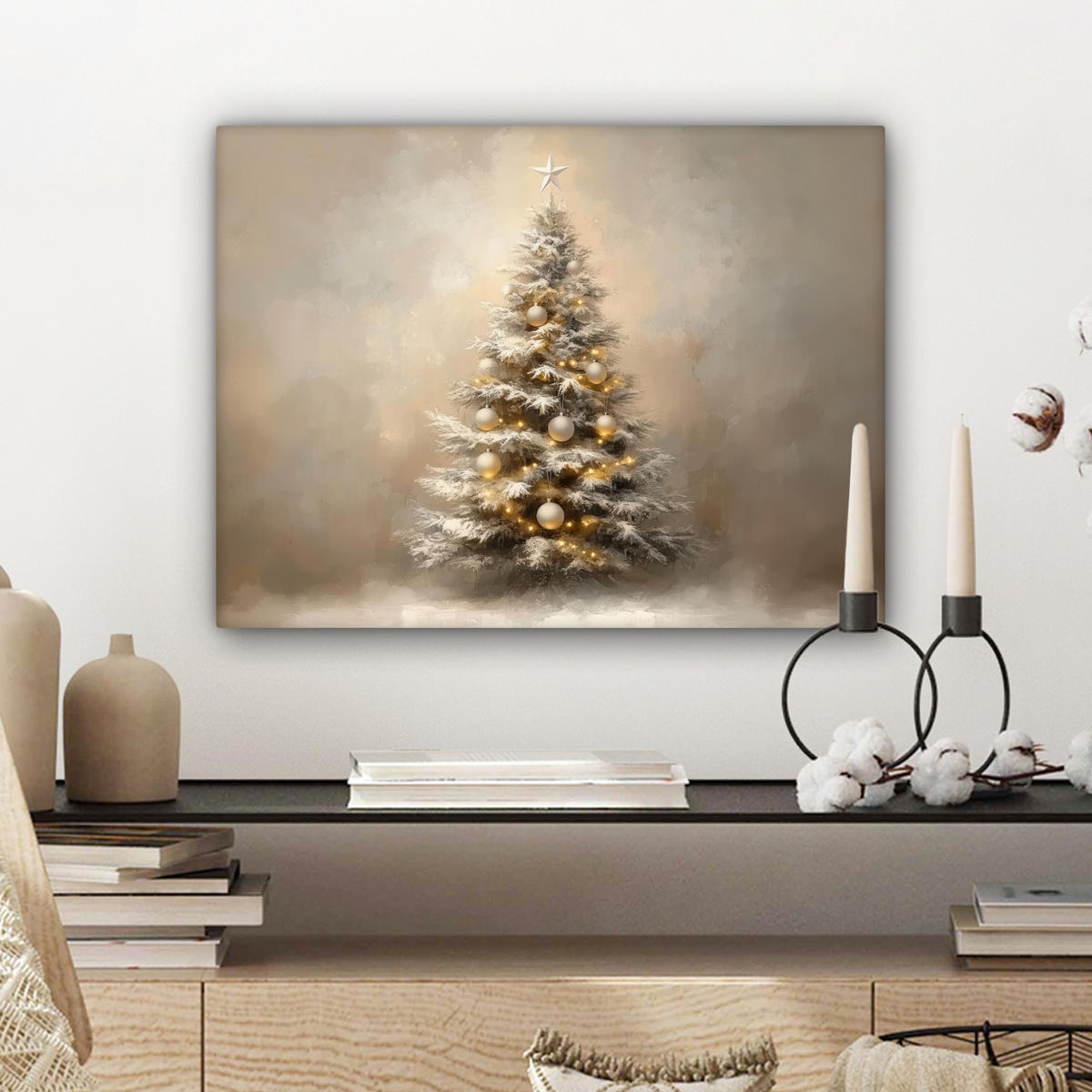 LEINWANDBILD Weihnachten - Weihnachtsbaum - Schnee - Kunst 40x30 cm - Champagner, Textil (40/30cm) - MuchoWow