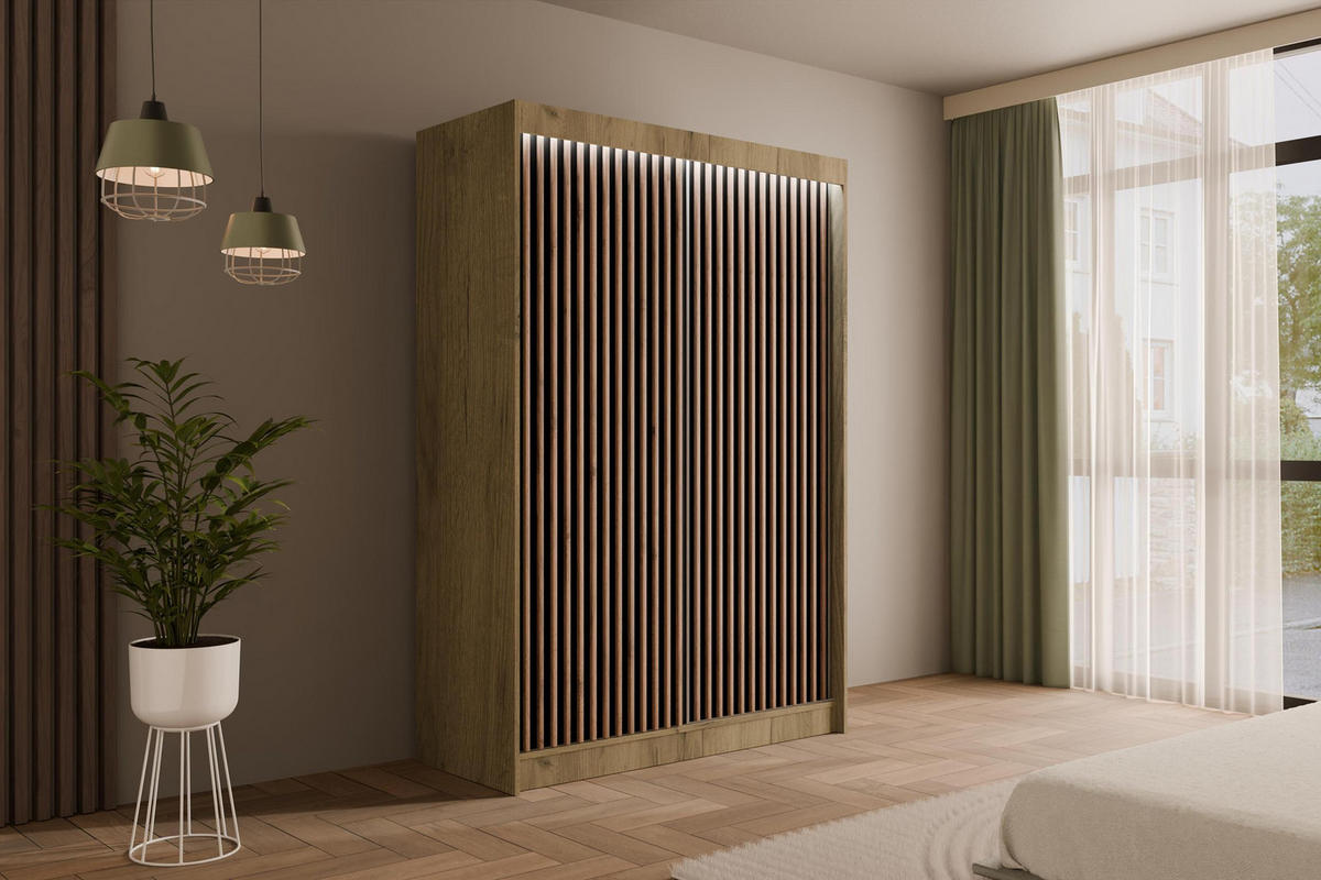 KLEIDERSCHRANK mit LED, Lamel-Schiebetüren VILANv2 - 150 cm Eiche Kraft + Lamelle Eiche Wotan - Hellbraun/Eiche Wotan, Holzwerkstoff (150/215/61cm) - ALTDECOR