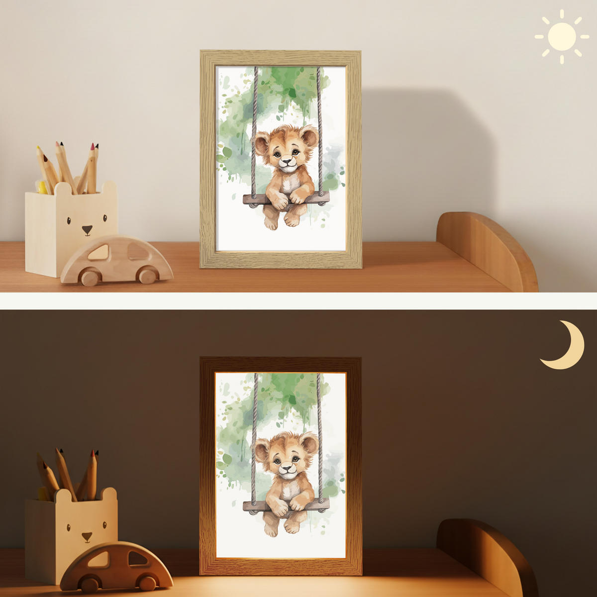 NACHTTISCHLAMPE Löwe - Tier - Kinder - Dschungel 15x20 cm - Weiß, Holzwerkstoff (8/15/20cm)