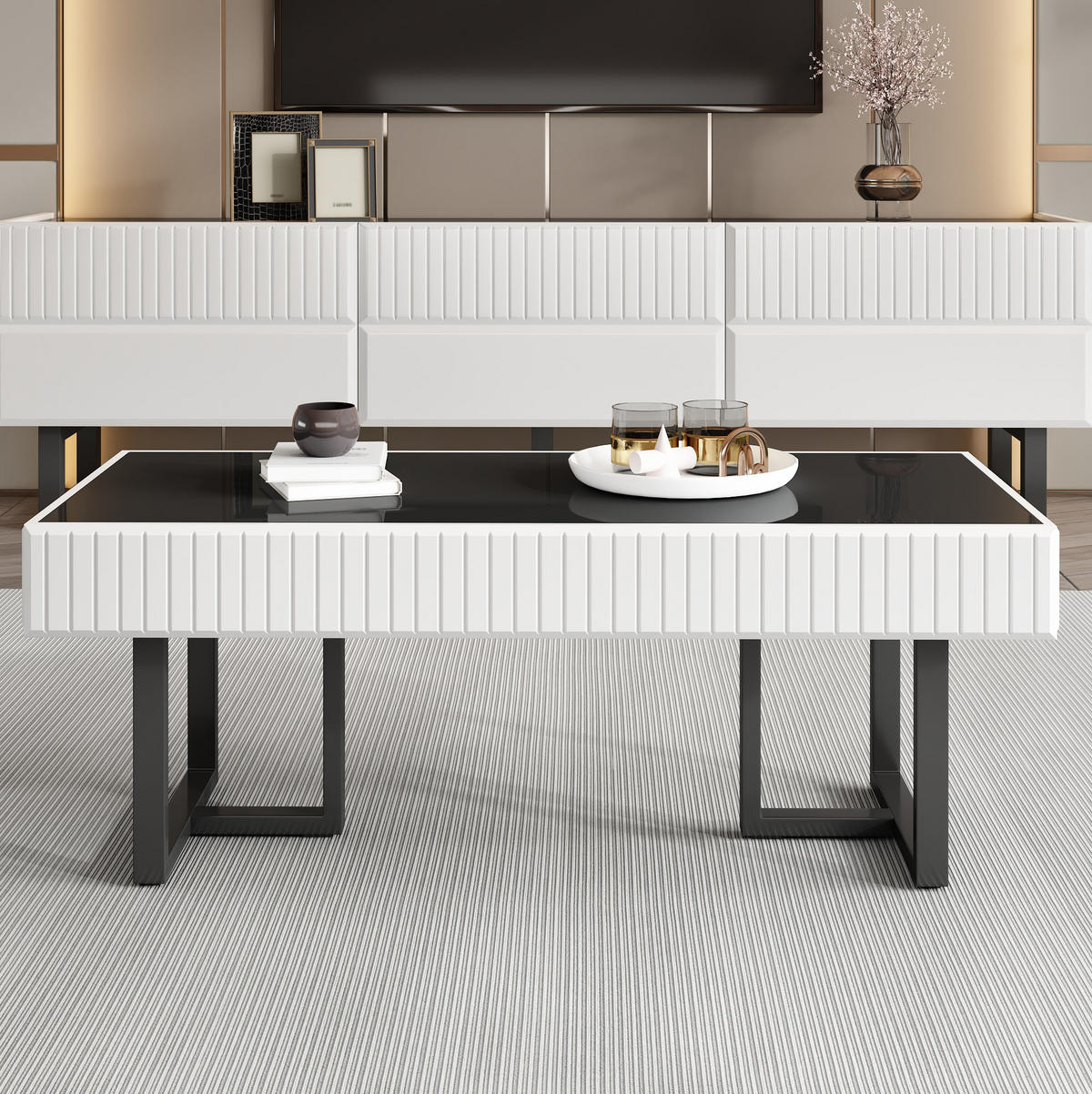TV-LOWBOARD- und Couchtisch-Set aus MDF 170x35x47 cm und 110x50,5x41 cm Schwarz-Weiß mit Stauraum - Schwarz, Holzwerkstoff (170/47/35cm) - IVMEU