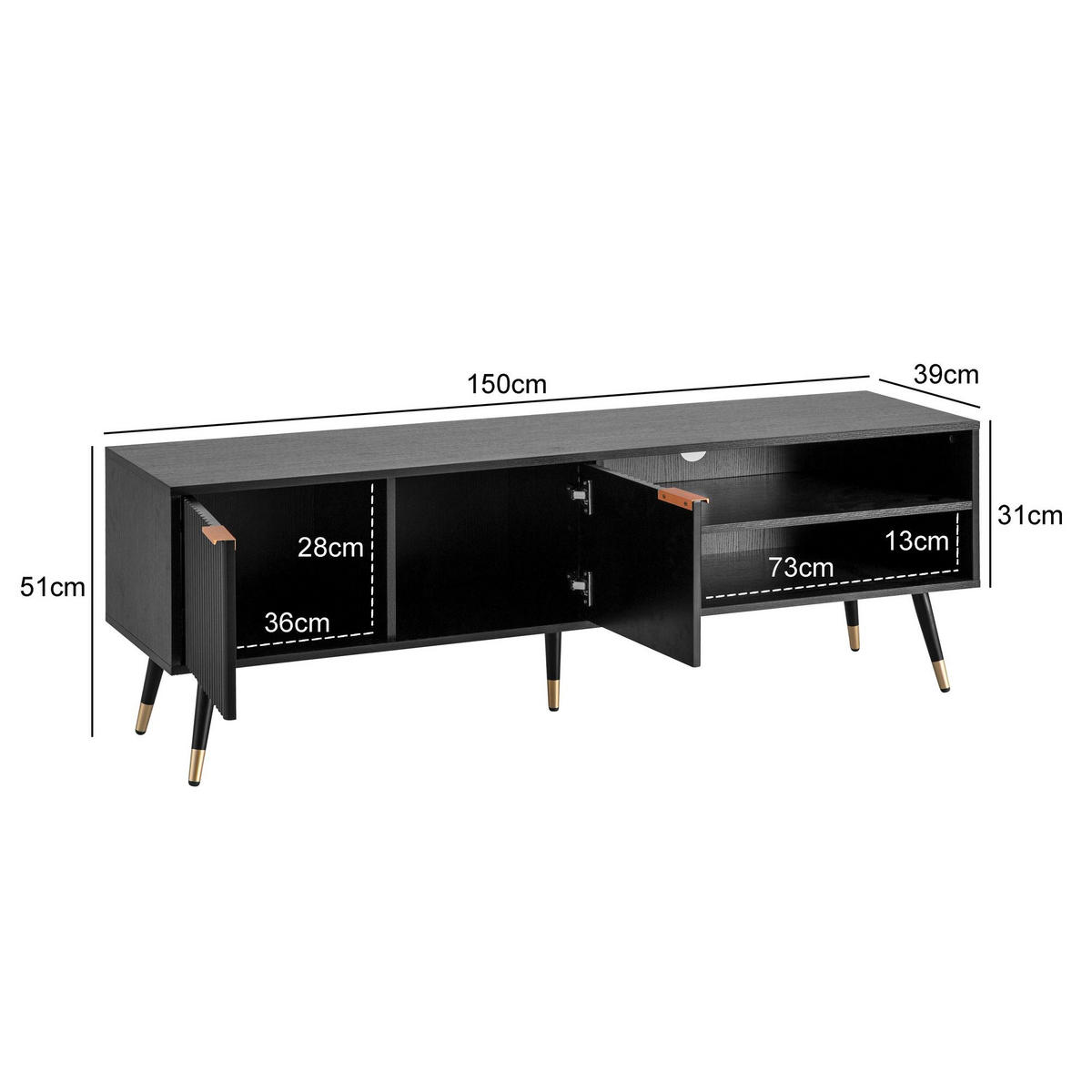 LOWBOARD Schwarz Eiche-Dekor Modern Stil 150x51x39 cm mit Türen und Ablagefächern - Goldfarben/Schwarz, Holzwerkstoff/Metall (150/51/39cm) - KADIMA DESIGN