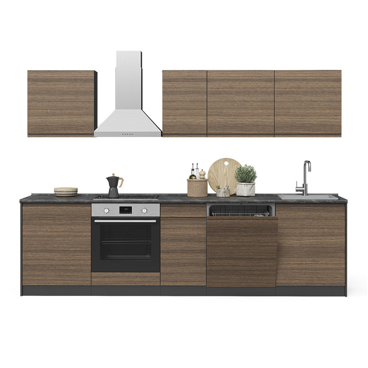 KUHINJSKI BLOK R-Line, Tobak in oreh/Antracit, 280 cm delovna plošča Bela - barva oreha/antracit, leseni material (280/206.8/60cm) - Vicco