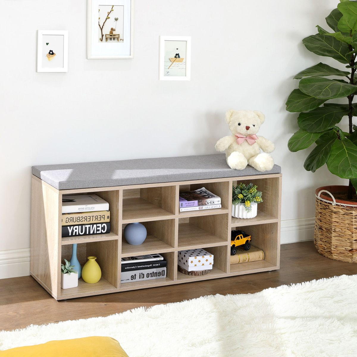 SCHUHBANK mit 10 Nischen Holzdekor - L104 cm - Grau, Holzwerkstoff (30/48/104cm) - Calicosy