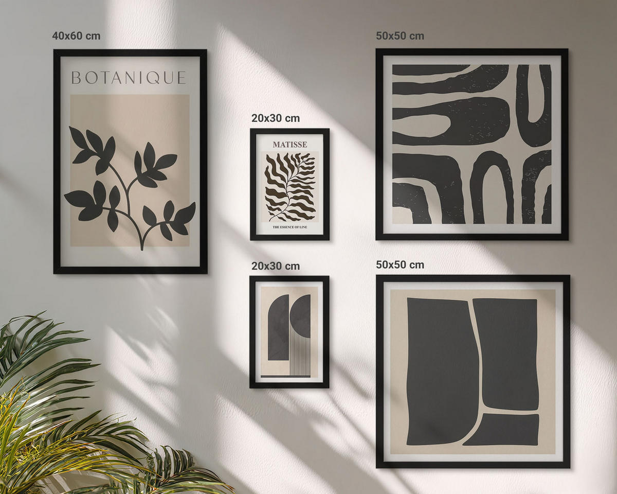 BILDER SET 5er Set - 50x50 cm & 20x30 cm & 40x60 cm Schwarzer Rahmen - Minimalistische Pflanzenposter - Schwarz, Kunststoff (40/60cm) - TULUP