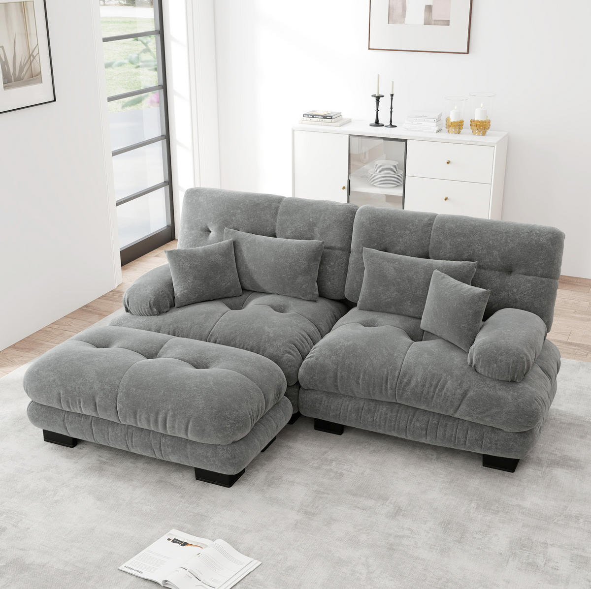 ECKSOFA modular mit beweglichen Ottomane, breiten Armlehnen und Kissen, Grau - Grau, Textil (220/145cm) - Redom