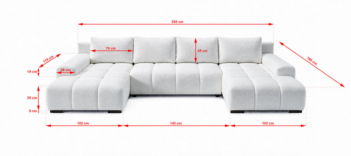 WOHNLANDSCHAFT OVIA U mit Bettkasten und Schlaffunktion, Bouclé-Stoff in U-Form - Weiß, Textil (350/80/185cm)