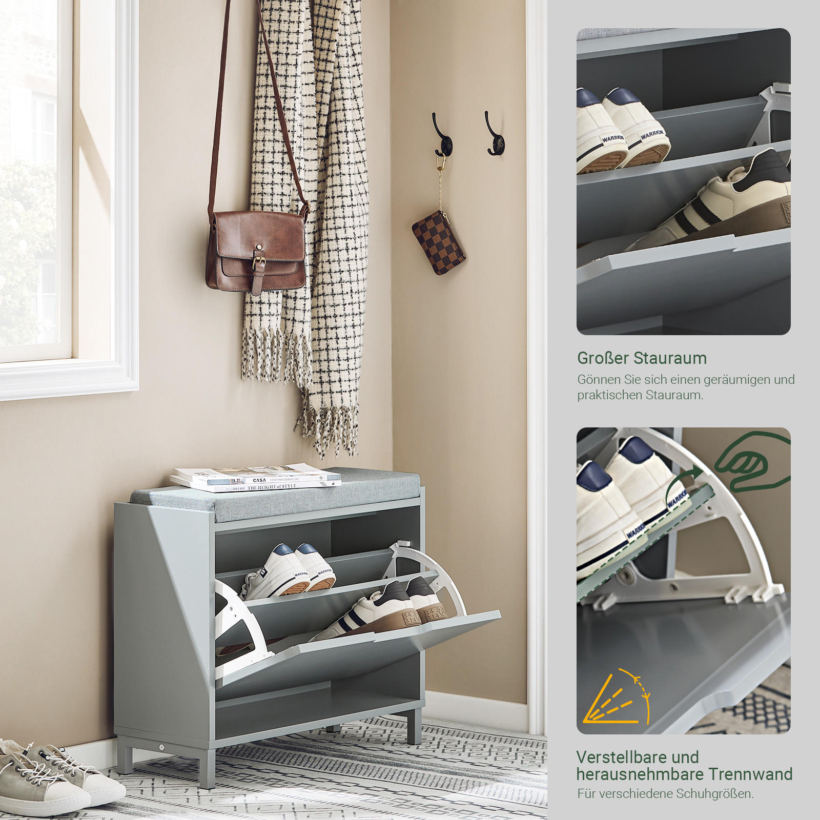 Thumbnail - SoBuy Schuhbank, Grau, Holzwerkstoff, Metall, 60x52x24 cm, Garderobe, Garderobenbänke, Schuhbänke