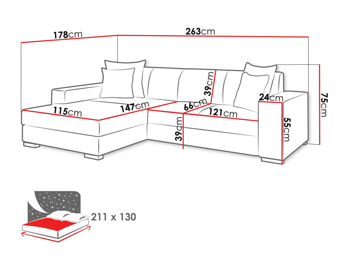 ECKSOFA Mexico, Seite: Rechts - Chromfarben/Anthrazit, Holz/Kunststoff (263/178cm) - MIRJAN24