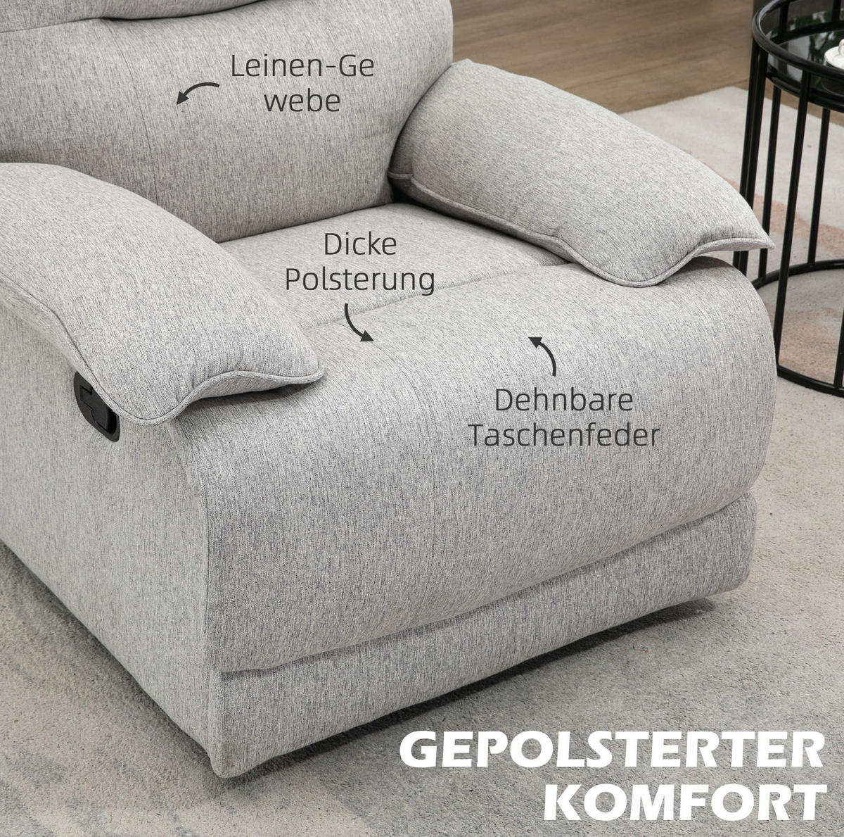 RELAXSESSEL mit Liegefunktion bis 150°, Fußstütze Stoff Leinenoptik 89/98/101 cm Hellgrau - Hellgrau, Textil (98/101/89cm) - Redom